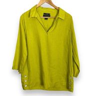 Tahari Linen Blouse Shell Buttons 3/4 Length Sleeves Women Medium Green Yellow