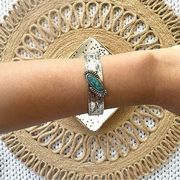 Silver Tone Navajo Style Boho Hammered Bangle Cuff Bracelet Oval Turquoise Stone