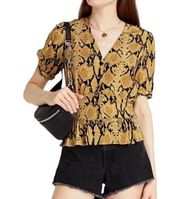 Catherine Malandrino Cleo Snake Print Puff Sleeve Blouse Ocher Yellow Size S