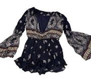 VERY J Small Boho Bell Sleeve Black Floral Romper One Piece Shorts V Neck