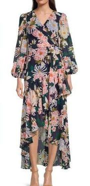 Eliza J Floral Print 3/4 Balloon Sleeve Faux Wrap Hi-Low Maxi Dress