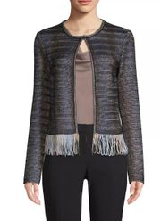 - Inlaid Ribbon-Knit Jacket Metallic Fringed Hem