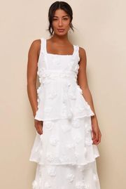 White Dress Exceptional Entrance White Sleeveless Tiered Rosette Midi Dress