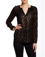 Diane Von Furstenberg Black & Gold Long Sleeve silk blend Blouse size 12