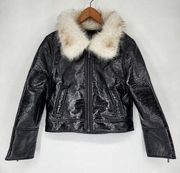 Unreal Fur Wet Look Aviator Jacket in Black XS