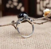 18K White Gold Plated Adjustable Black Agate Ring for Women