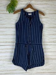 Sandy and Sid Blue Pinstriped Cotton Faux Drawstring button down Romper