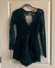 Lovers + FRIENDS Long Sleeve Cut Out Back Lace Eve Romper , SZ XS, Teal