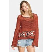 VOLCOM Vibe Tribe Crochet Bell Sleeve Open Back Tribal Sweater Longsleeve Large