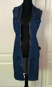 DARK WASH DENIM LONG LINE VEST RHINESTONE CHAIN DETAIL WESTERN