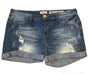 Indigo Rein Forever Womens Denim Blue Jean Shorts Distressed Rolled Cuffs Sz 13