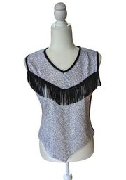 White and Black Sequin Tassel Fringe Handmade Top Size Women's Small