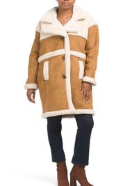 Long Bonded Faux Fur Sherpa Coat Jacket Tan XS