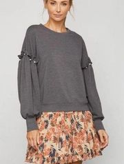 Sundays Pearl Embellished Ruffle Trim Smoke Grey Sweatshirt Top Large