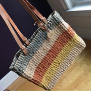 Nine West Vintage Striped Structured Straw Tote Bag, Tan, Orange, Yellow, Blue