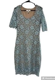 Belle Blue Beige Multi-Color Floral Lace Overlay Dress Size 12