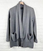 Tahari Gray Open Front Sweater Fringe Detail Pockets Cardigan Size Medium