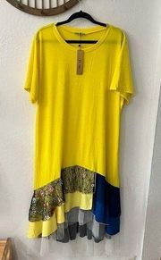 NWT Ft Inc Midi Maxi Multi Textile Tulle Embroidered Yellow T Shirt Dress 3x