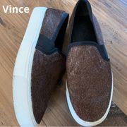 Vince Brown Leather Calf Fur Slip On Shoes Sneakers Women's Size US 7M EUR 37.5