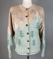 Vintage Liz Sport Mountain Trees Button Cardigan Sweater S Small Wool Blend