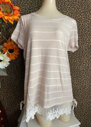 NWT  Taupe Striped Top with Embroidered Lace Trim | SMALL |