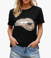 Blooming Jelly Leopard Lips Graphic Print T-shirt Black Peach Large