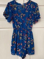 Sienna Sky Romper in Summer Blue Floral Print Small Bright Spring Shorts