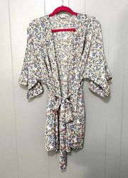 Aerie Blue Floral Ruffle Short Sleeve Satin Front Tie Loungewear Mini Robe M