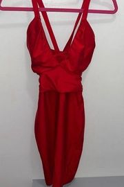 ruched v front halter mini dress red