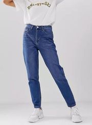 ASOS High Rise Classic Fit Straight Leg Mom Jeans in Medium Blue
