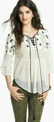 Free People  "Roses Are Red" Cream Lace Peasant Top