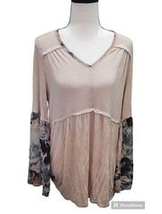 Style & Co. Top Beige M Floral Print Bell Sleeve Babydoll Tunic Top Womens New