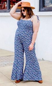 Pink Lily Aware of This Navy Floral Flare Leg Jumpsuit Size Large