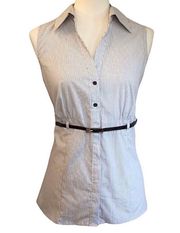 NWT White Mocha Striped Button Down Sleeveless Top with Belt •Size Medium