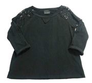 CYNTHIA ROWLEY Sweatshirt Black Lace Shoulders 3/4 Rolled Sleeves Sz S