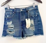 NWT Banjara Medium Blue Distressed Super High Rise Loose Fit Shorts Size 25