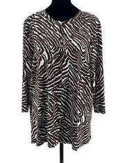 Paraphrase Womens Animal Print Button Up Tunic Blouse Black/Brown White Size 2X