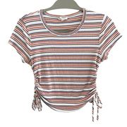 Sky and Sparrow Cream Pink Blue Ribbed Stripped Crew Neck Crop Cinched Top M
