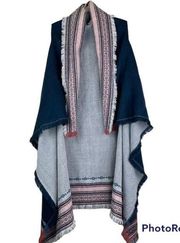 Marc New York Blue Long Line Aztec Blanket Open Front Sweater Fringe Shaw