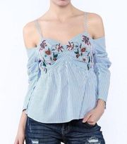 Lulumari floral embroidered cold shoulder striped babydoll top size S