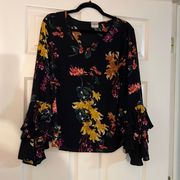 Cupio black floral print long sleeve boho top bell statement sleeves S