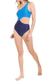 Splendid Blue Colorblock Cutout One Shoulder Swimsuit One Piece Monokini Size L