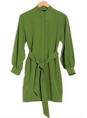 New  Tie Waist Long Sleeve Shirt Dress Garden Green