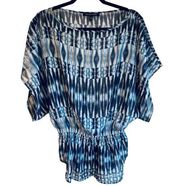 Cynthia Steffe Ikat Sheer Blue & White Patterned Top with Metallic Gold Thread