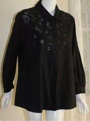 Soft Surroundings XS Elegant Cotton Eyelet B-Down Black Shirt in Cotton Blend