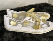 Women's 8 Stuart Weitzman Polka Dot Shoes Sneakers Clear Mesh Colorful gold