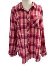 LAURA SCOTT Women Size Large Plaid Roll Tab Long Sleeve Shirt Pink Red #14-109