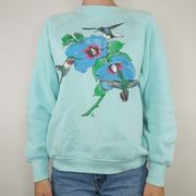 Vintage 80s Mint Green Floral Hummingbird Sweatshirt