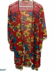 Kori Red Floral Open Front Cardigan Kimono Lace Pom Pom Detail Women’s Size XL