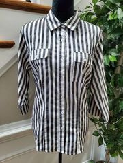 Ashley Stewart Women Black/White Nylon Collared Long Sleeve Button Down Shirt 14